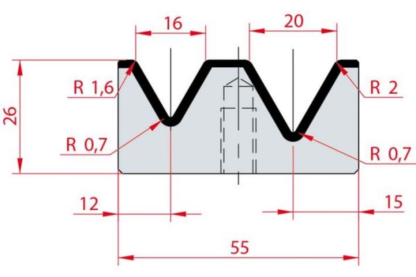 Cối chấn 2V 16/20 a=60º H26 Max. T/m=100